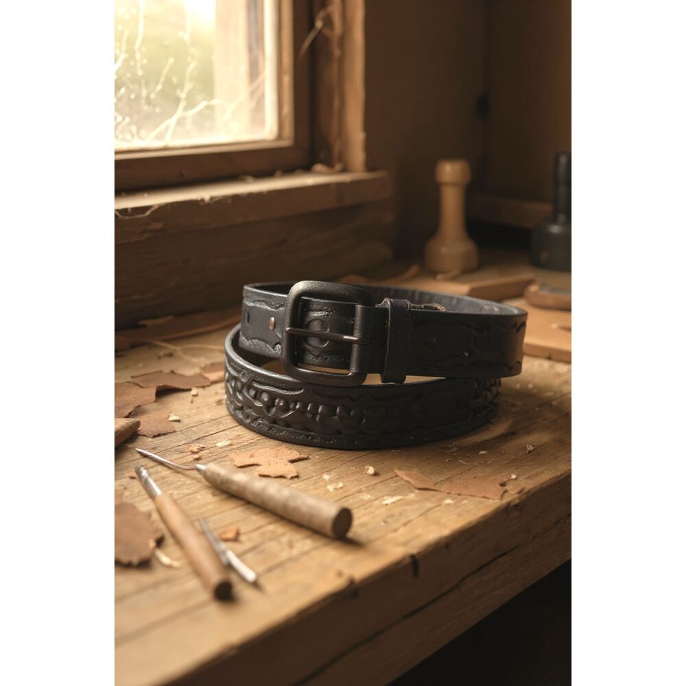 Mens Vintage Tooled Leather Belt Black 42” Distressed Western Made in Mexico